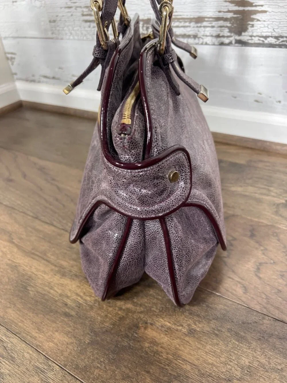 STELLA MCCARTNEY Double Handle Distressed Vegan Leather Satchel Glossy Plum OS